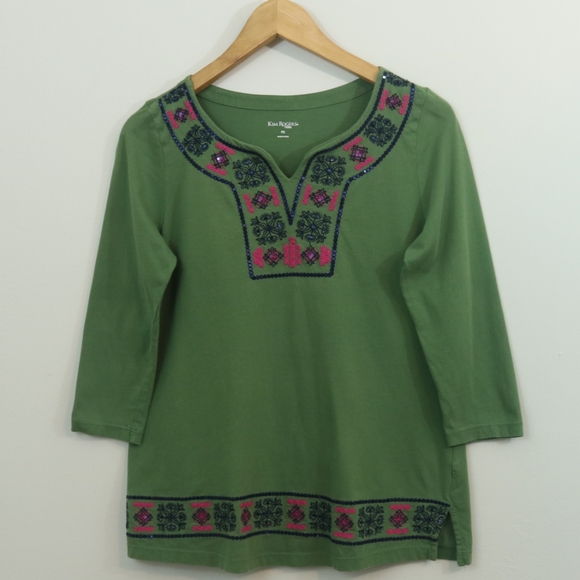 Kim Rogers Tops - Kim Rogers Cotton Green Sequin Embroidered Top
